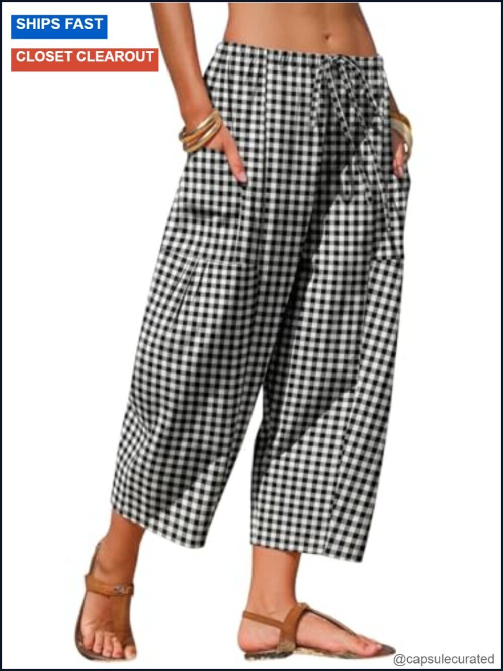 Cotton Faux Linen Gingham Barrel Capri Pants Palazzo Trousers Harem Pockets